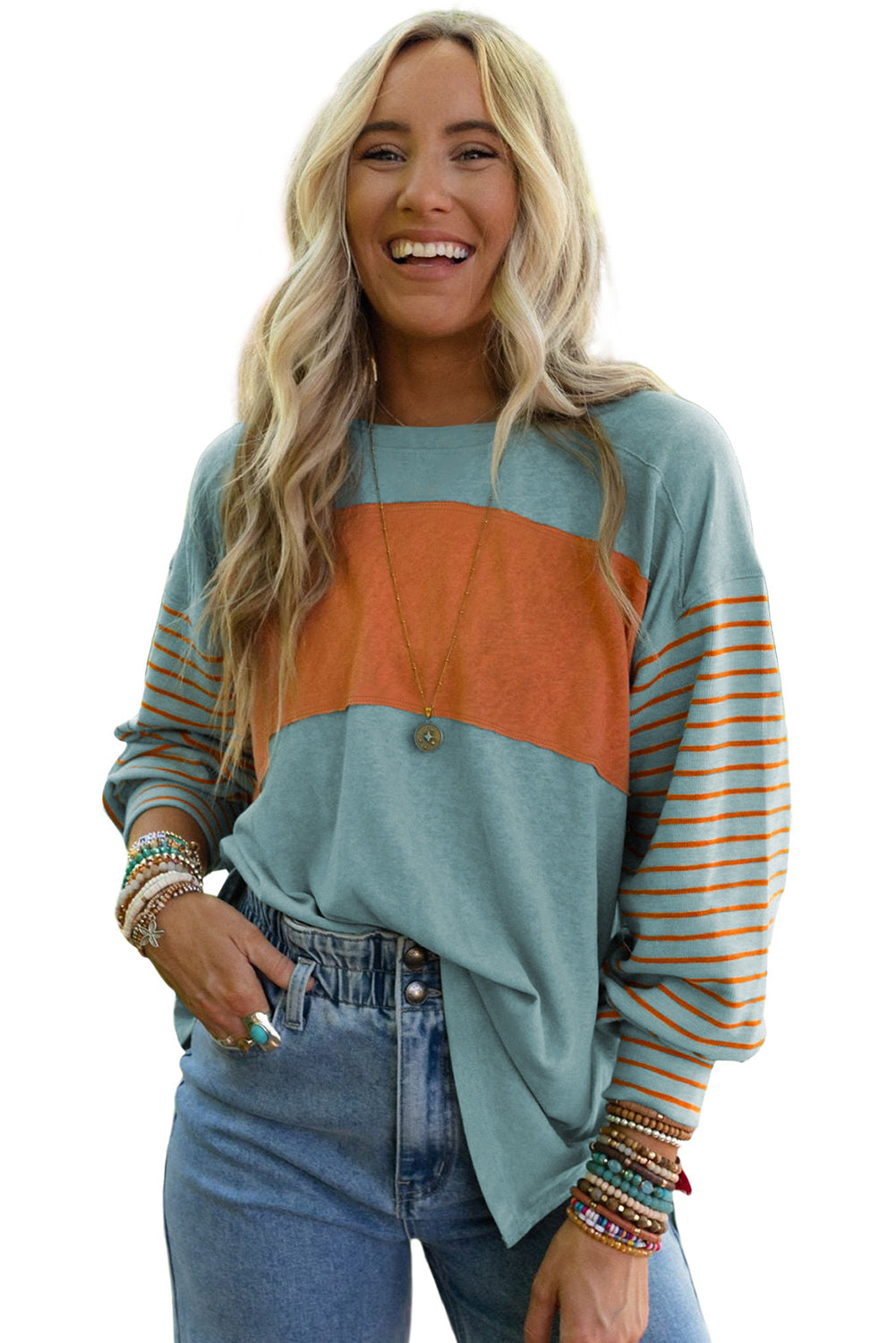 Green Colorblock Striped Bishop Sleeve Top