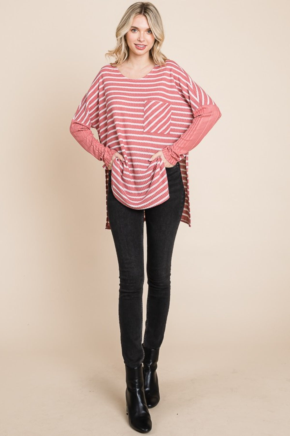 Culture Code Oversize Striped Round Neck Long Sleeve Slit T-Shirt