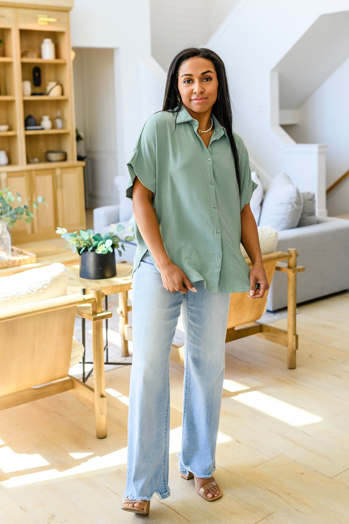 Sweet Simplicity Button Down Blouse in Sage