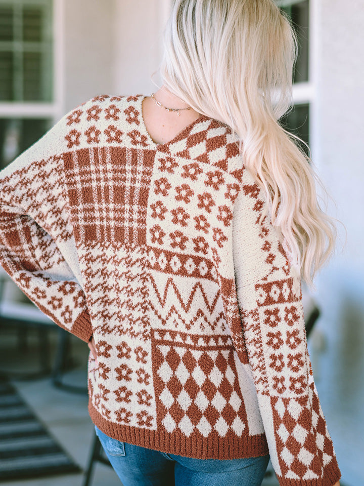 Printed V-Neck Long Sleeve Sweater