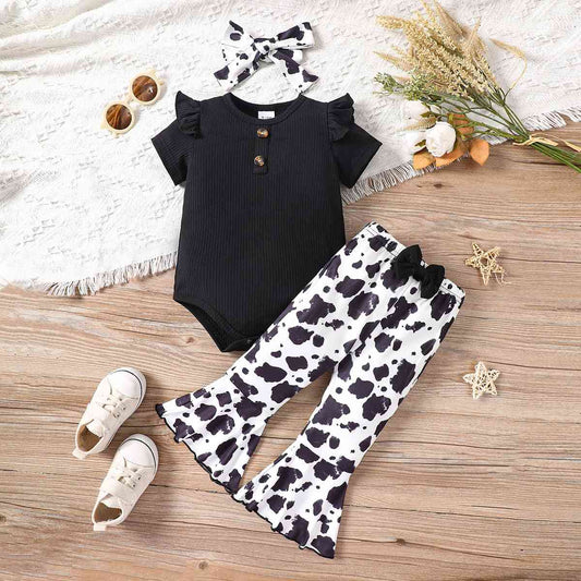 Decorative Button Ribbed Bodysuit and Printed Flare Pants Set