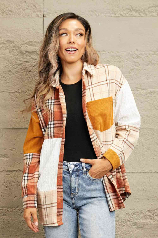 Double Take Plaid Color Block Dropped Shoulder Shacket